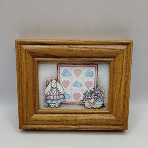 Vintage Small Wood Framed Bunny and Quilt Art 3 3/4" x 4 3/4"